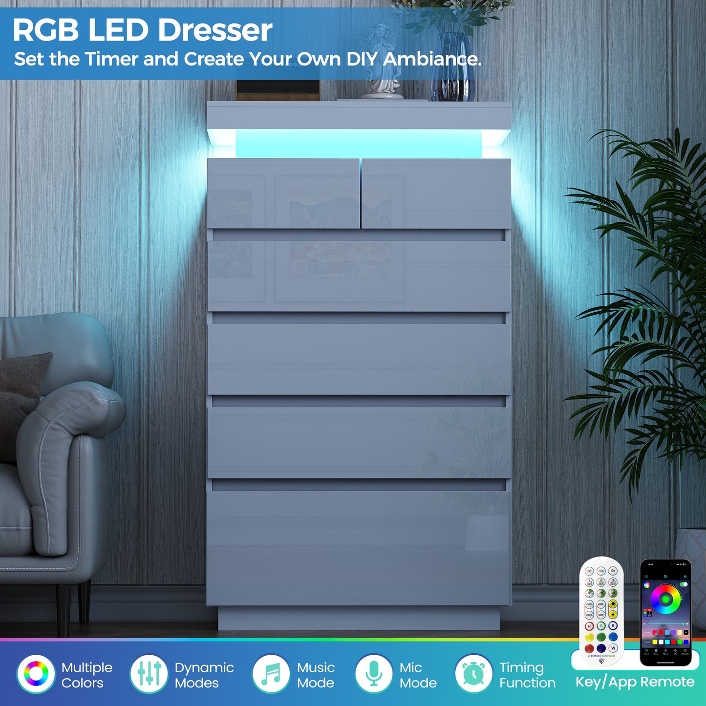 NEGYLIM 6 Drawer White Dresser, High Gloss Dresser with LED Light for Bedroom, Living Room, Hallway, Easy Assembly