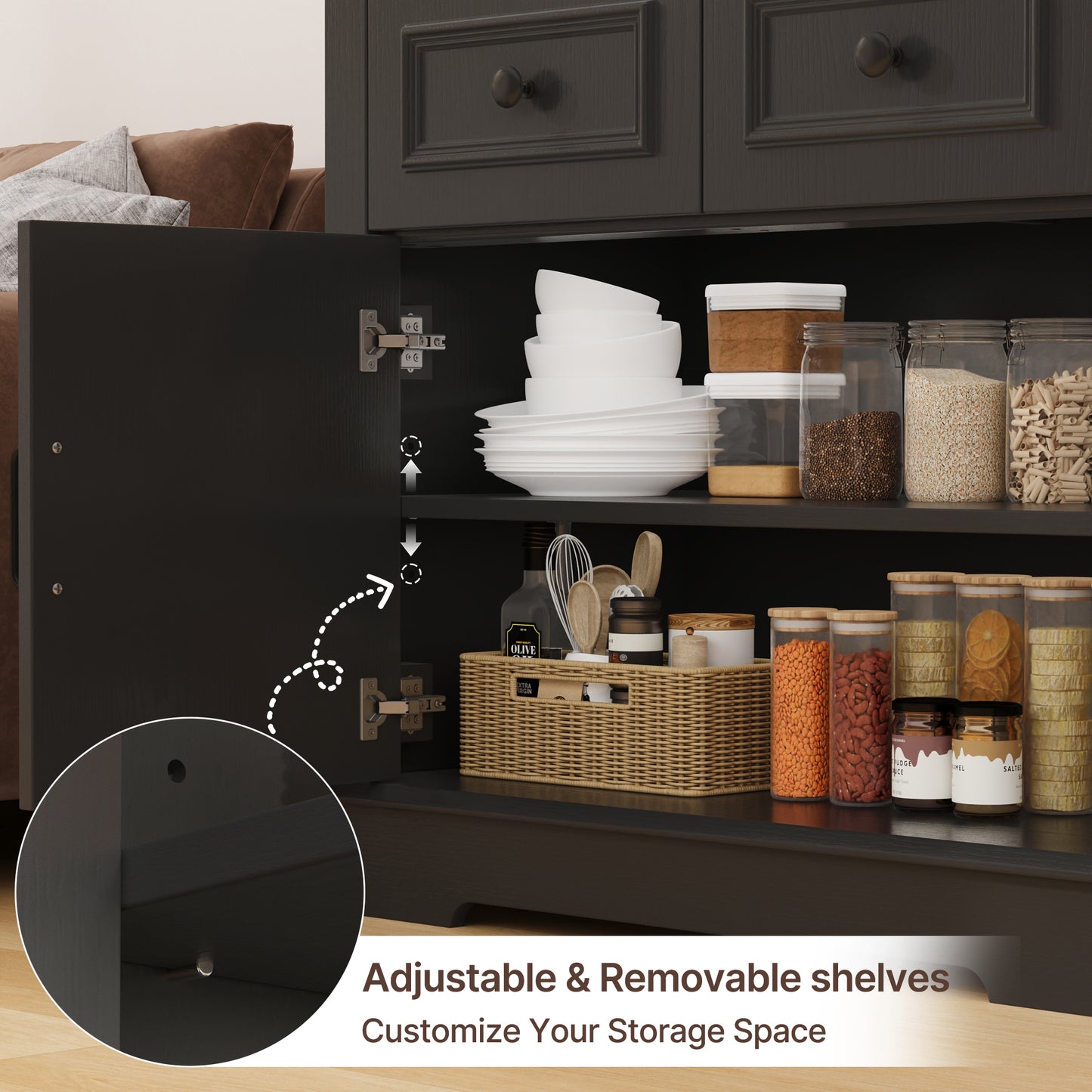 Negylim 71” Tall Lighted Coffee Bar Cabinet, Farmhouse Pantry Storage Hutch with Built-in LED Strip Lights, 3 Open Display Shelves, 2 Pull-Out Drawers & Closed Storage Cupboard, Black
