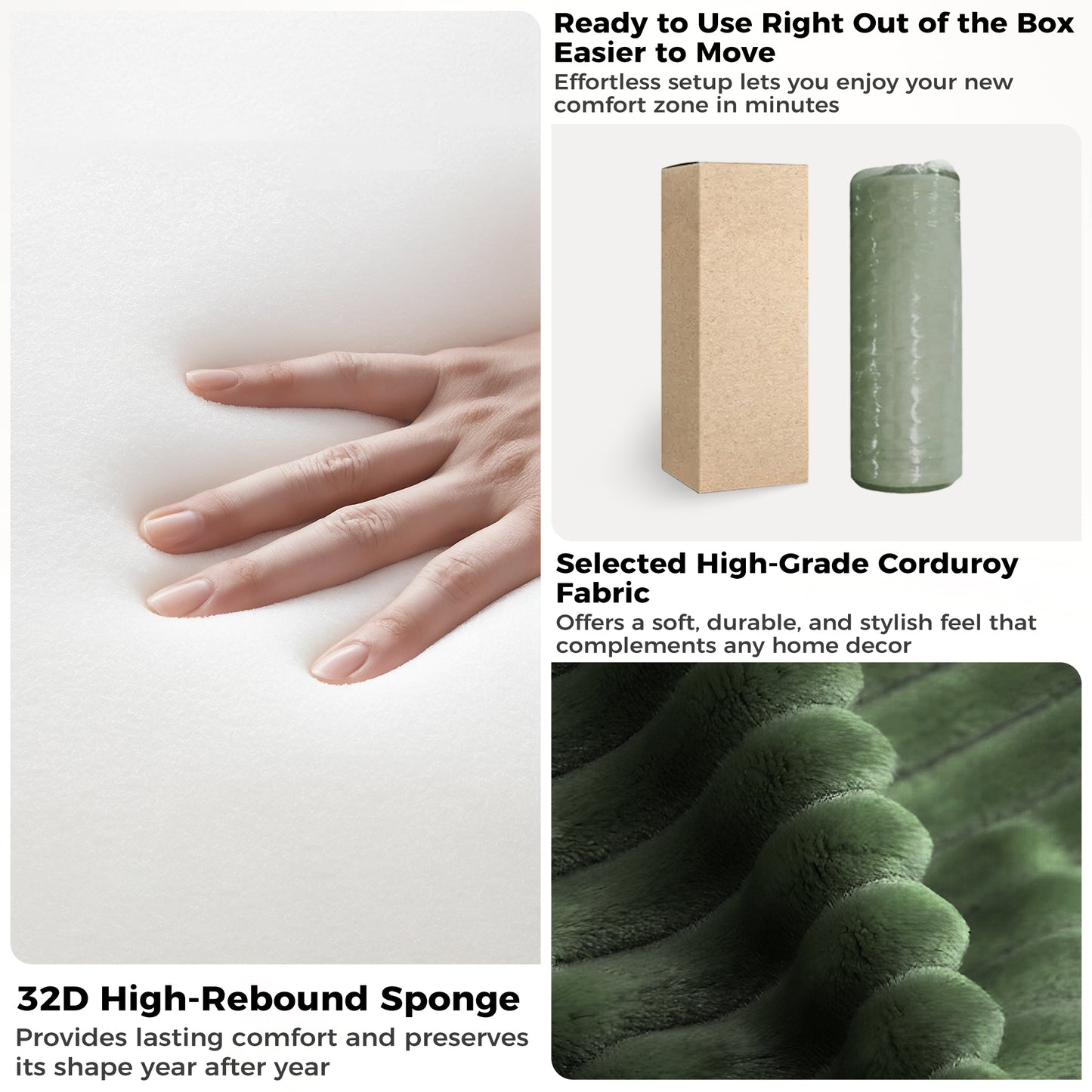 67'' Oversized Chaise Lounge Chair, Cloud Plush Corduroy Sofa Bed for Living Room, Modern Deep Seat Sleeper Couch with Back Cushion, No Assembly Required, (Sage Green)