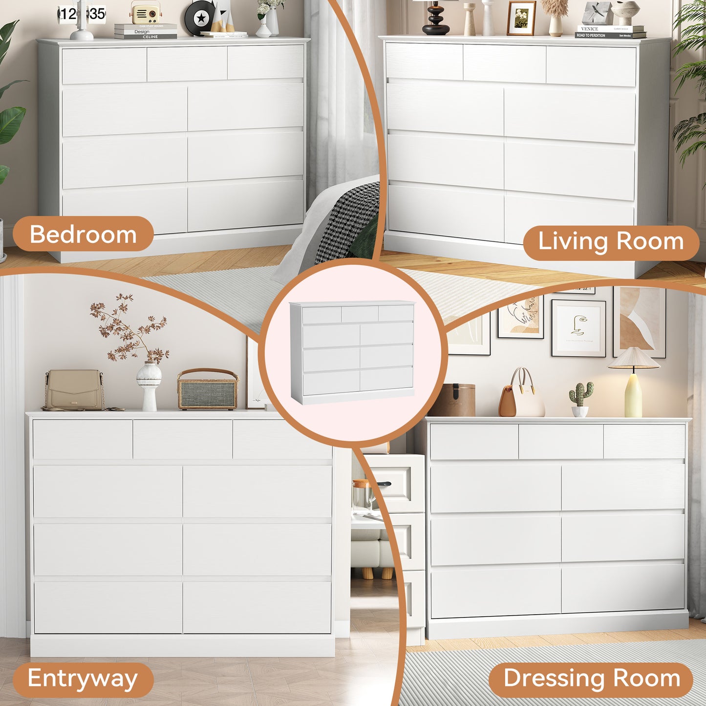 9 Drawers Dresser for Bedroom, Wood Chest of Drawers, Wide Closet Storage Dressers Organizer for Hallway, TV Stand for Living Room, White