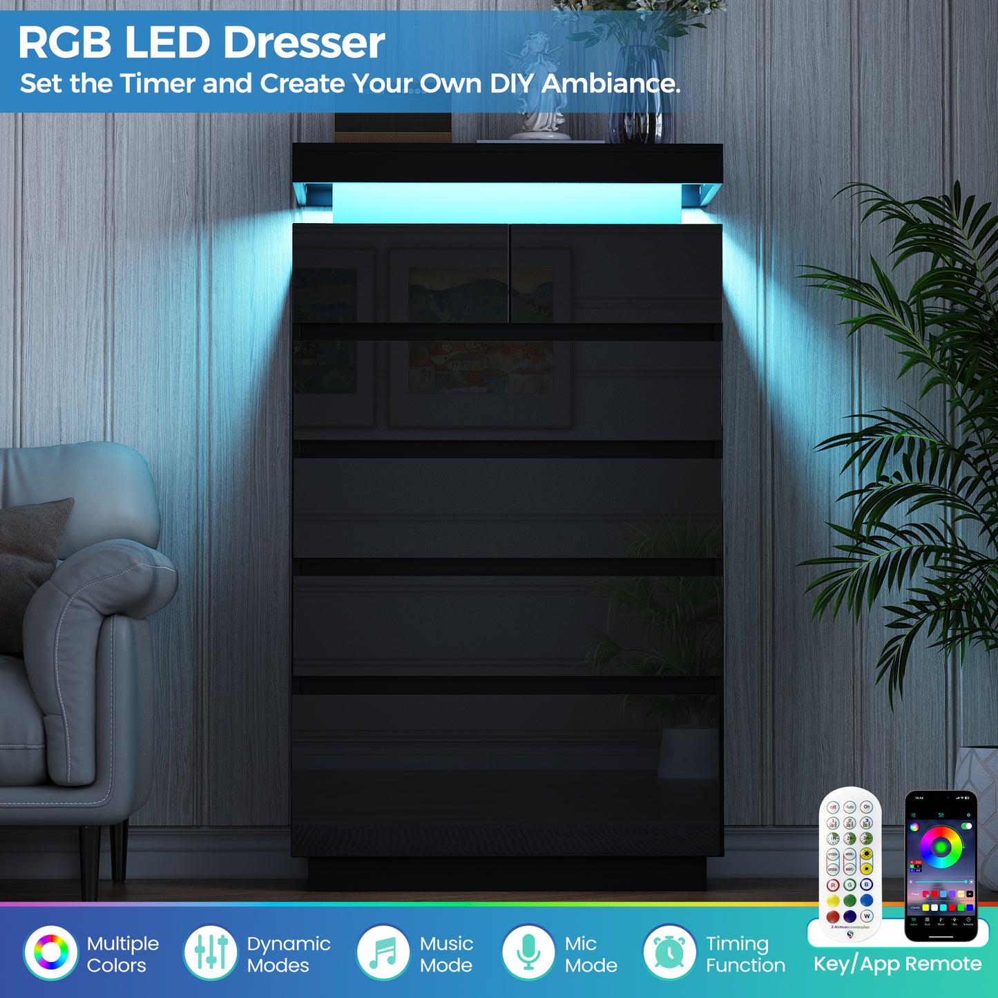 NEGYLIM 6 Drawer Black Dresser, High Gloss Dresser with LED Light for Bedroom, Living Room, Hallway, Easy Assembly
