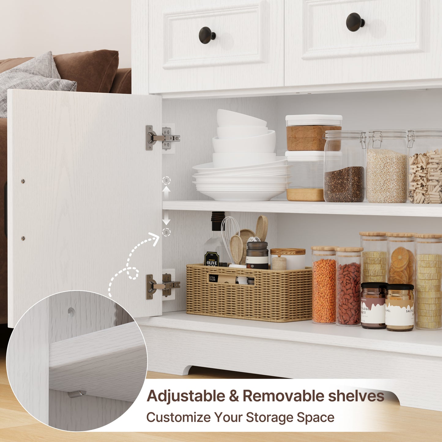 Negylim 71” Tall Lighted Coffee Bar Cabinet, Farmhouse White Pantry Storage Hutch with Built-in LED Strip Lights, 3 Open Display Shelves, 2 Pull-Out Drawers & Closed Storage Cupboard