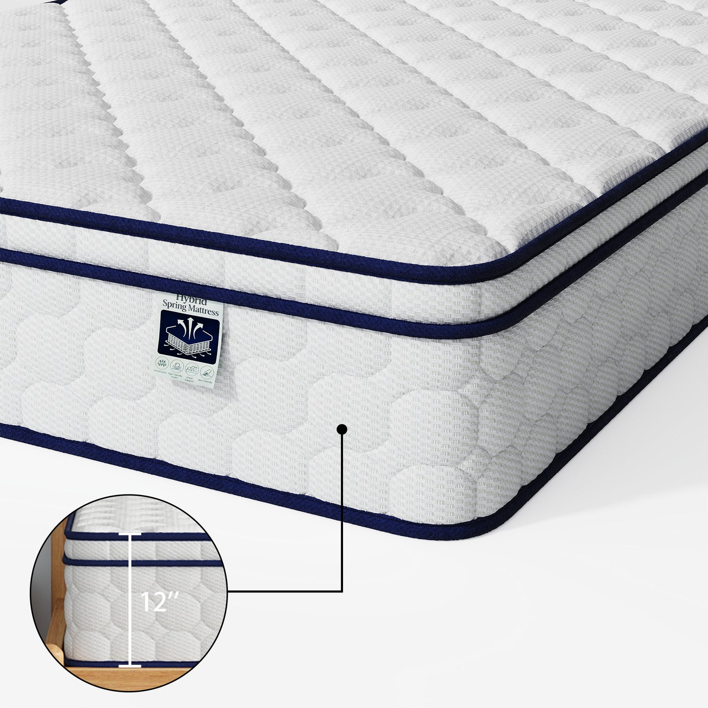 Full Mattress, 12 Inch Hybrid (Gel Memory Foam + Springs) - Medium Plush, Fiberglass-Free, Motion Isolating for Partners, Back Pain Relief