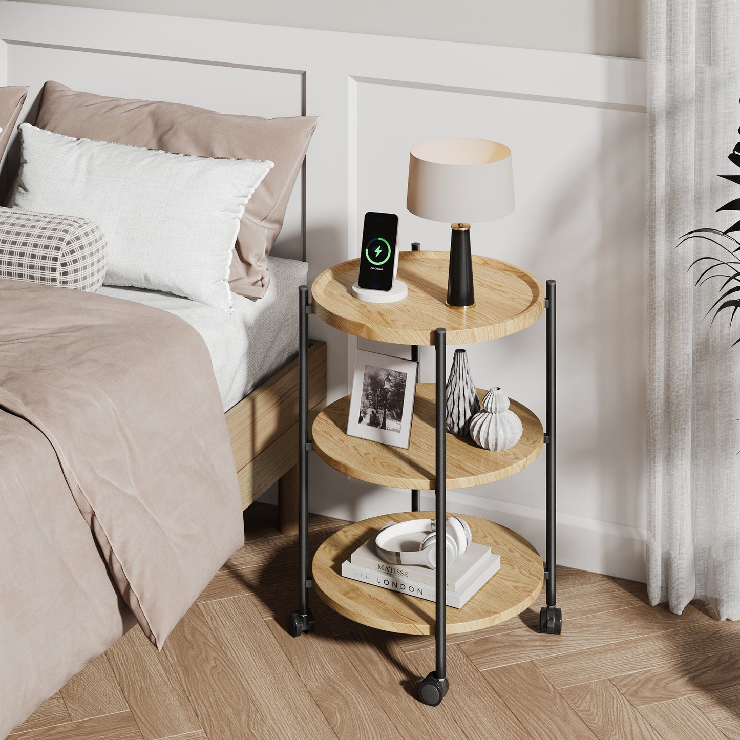 NEGYLIM End Side Table，Round Sofa Table with Metal Frame, 3-Tier Coffee Table Nightstand for Bedroom, Living Room, Nursery