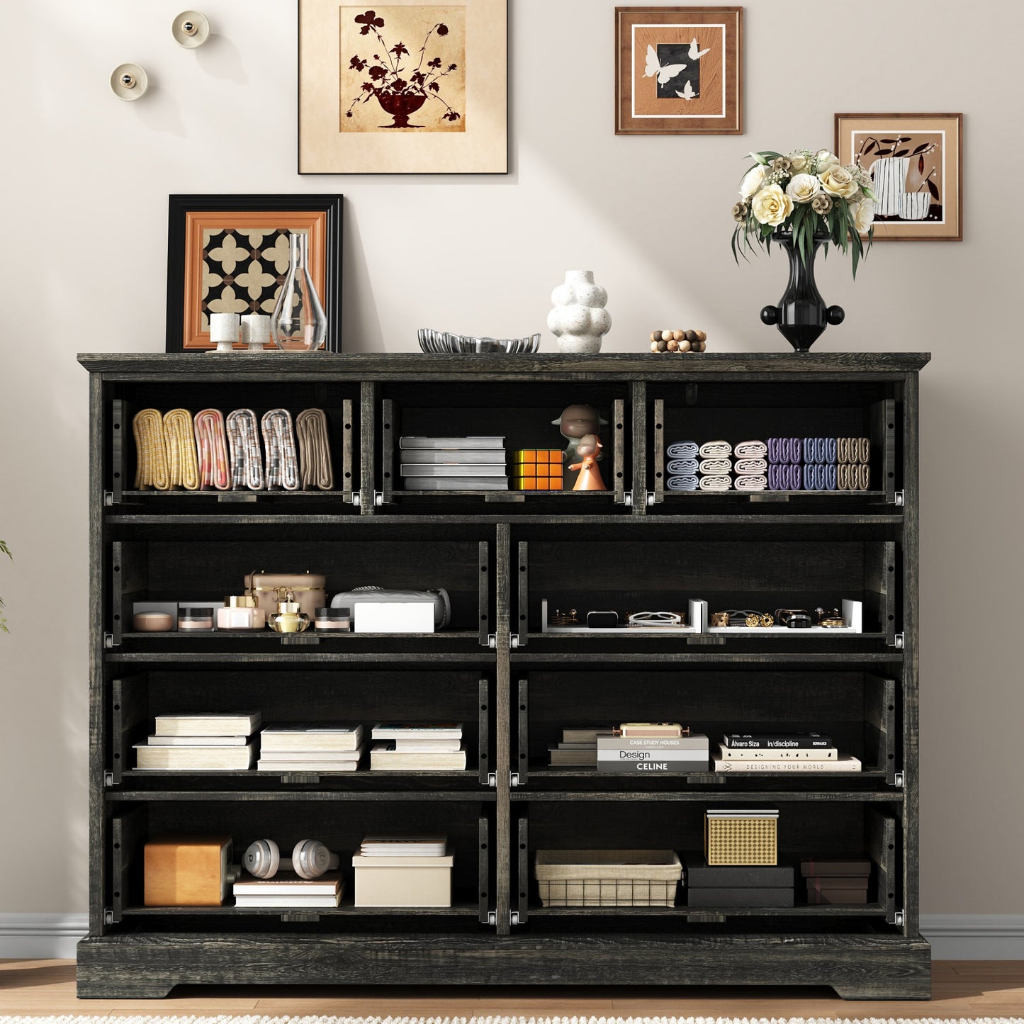 NEGYLIM 9 Drawers Dresser for Bedroom Dressers & Chest of Drawers with Vintage Handles,Long Wooden Dresser for Living Room,Hallway,Study(Dark Rustic Oak)