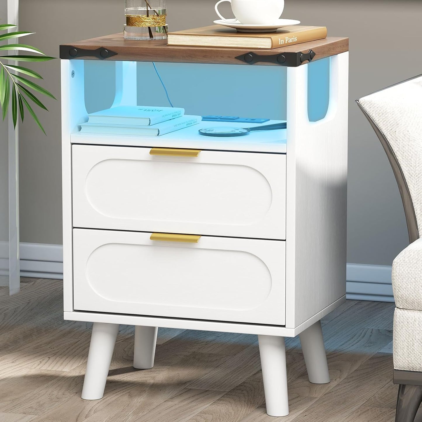 Smart LED Nightstand with Charging Station | 2 Wooden Drawers & Storage Shelf | USB Ports & Outlets, White (Set of 2)