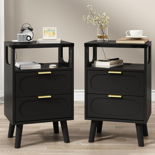 Smart LED Nightstand Set of 2 with Charging Station - Black Bedside Tables with Wooden Drawer and Open Shelf, for Living Room/Bedroom