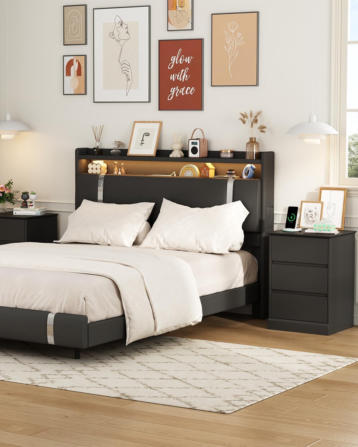 Nightstand with 3 Drawers, Black Bedside Table Night Stand for Bedroom with Charging Station & Cut-Out Handle, Sofa Side Table Dresser for Bedroom(Black)