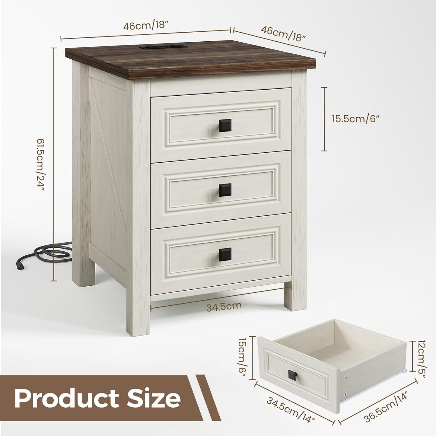 2-PieceNightstand, Farmhouse End Table with Charging Station, 3 Drawers Storage for Bedroom