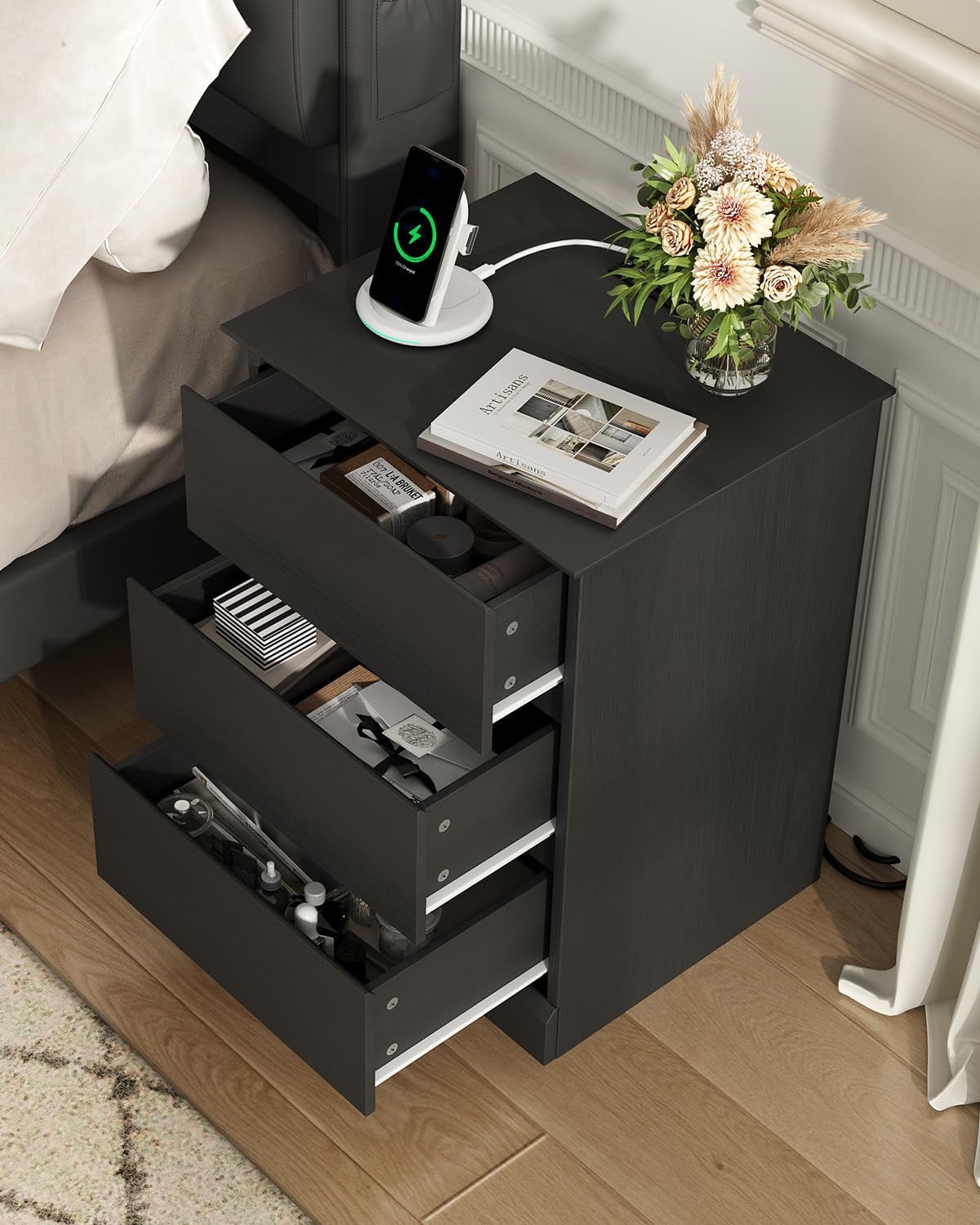 Nightstand with 3 Drawers, Black Bedside Table Night Stand for Bedroom with Charging Station & Cut-Out Handle, Sofa Side Table Dresser for Bedroom(Black)