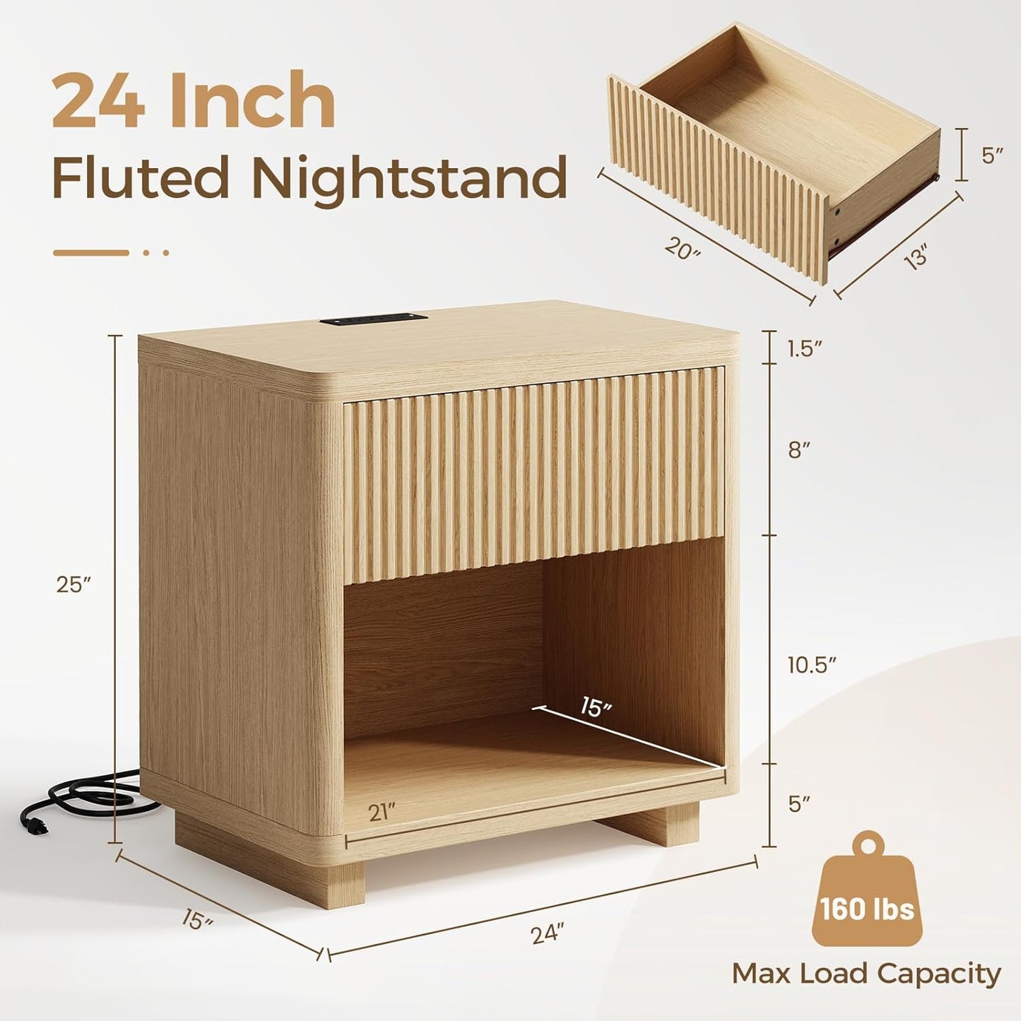 Fluted Nightstand with Charging Station, Modern Bedroom Furniture Side Table, Drawers & Open Shelf, Curved Profile Design, End Table Wood Organizer for Bedroom(Wood Color)