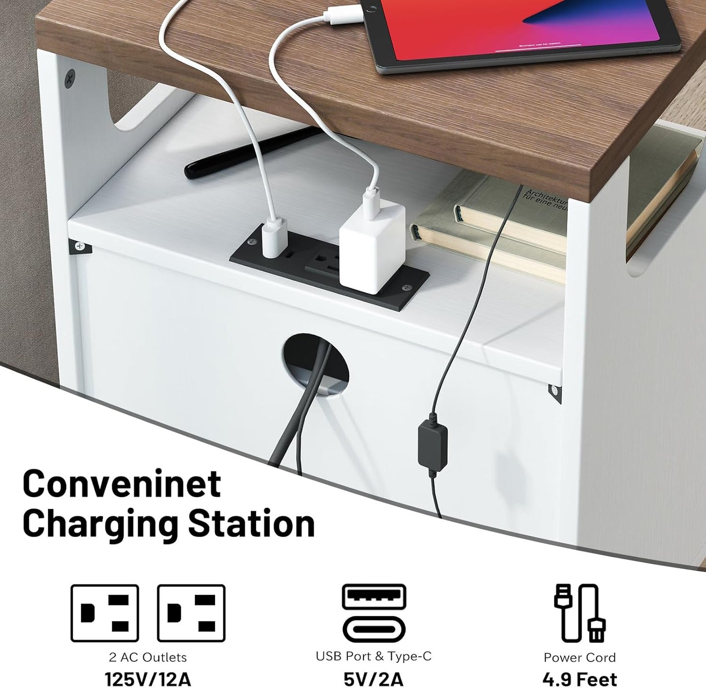 End Table with Charging Station, Smart LED Night Stand with 2 Wooden Drawers and Storage Shelf, Bedside Table with USB Ports & Outlets, for Living Room/Bedroom, White