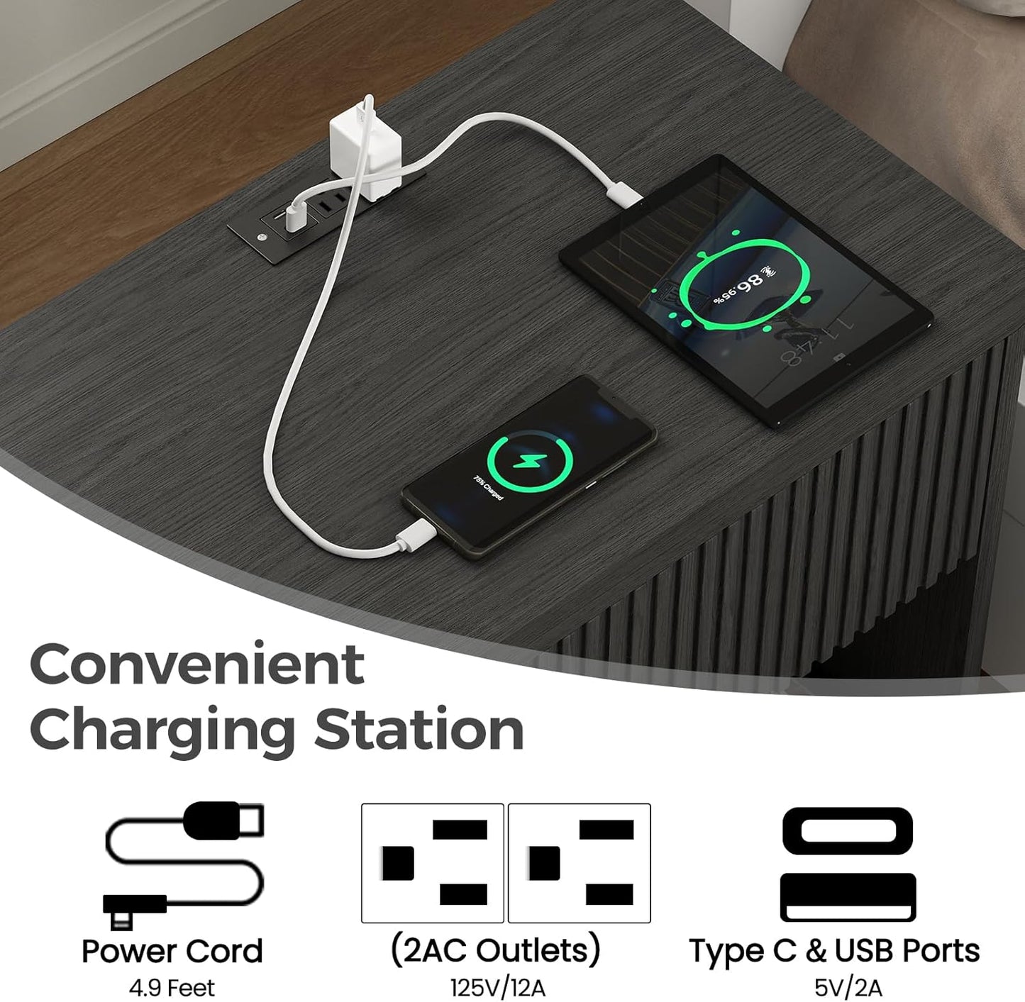 Night Stand Set 2, Nightstand with Charging Station, Modern End Table with Drawers, Bed Side Tables Set of 2 for Bedroom Living Room Sofa Couch Office(Black)