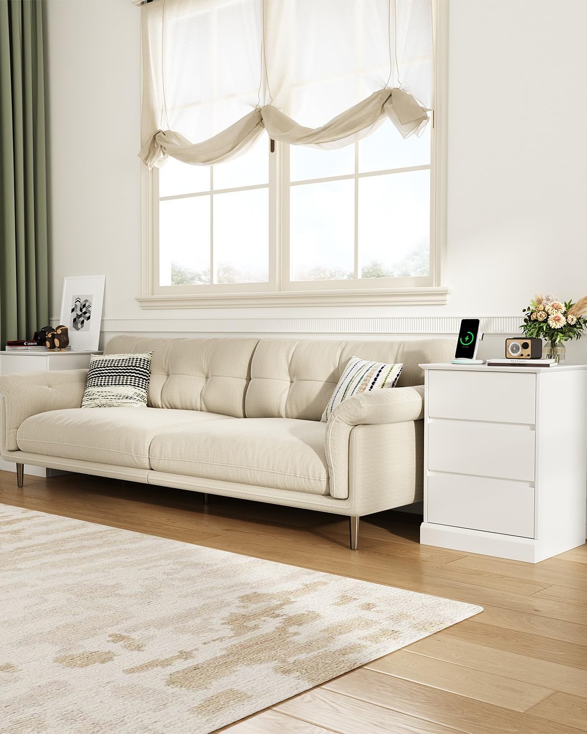 Nightstand Set of 2 White Nightstand with 3 Drawers, White Bedside Table Night Stand for Bedroom with Charging Station & Cut-Out Handle, Sofa Side Table for Bedroom