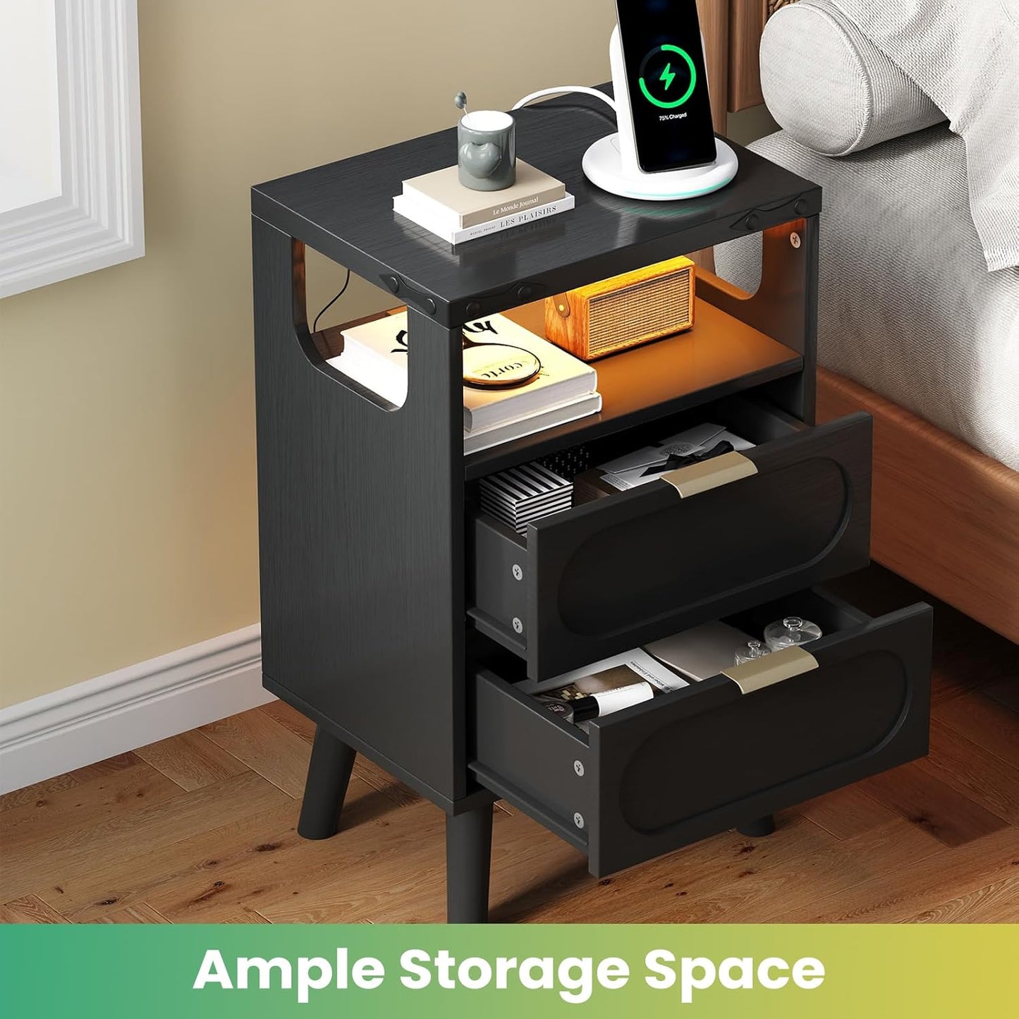 Smart LED Nightstand with Charging Station, Side Table with 2 Wooden Drawers, End Table with Open Shelf, Night Stand for Bedroom, Black