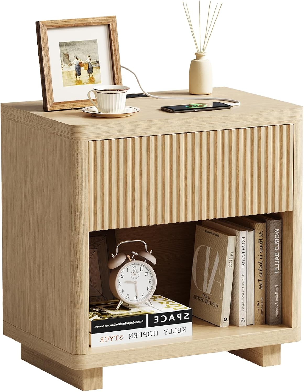 Night Stand Set 2, Nightstand with Charging Station, Modern End Table with Drawers, Bed Side Tables Set of 2 for Bedroom Living Room Sofa Couch Office(Wood Color)