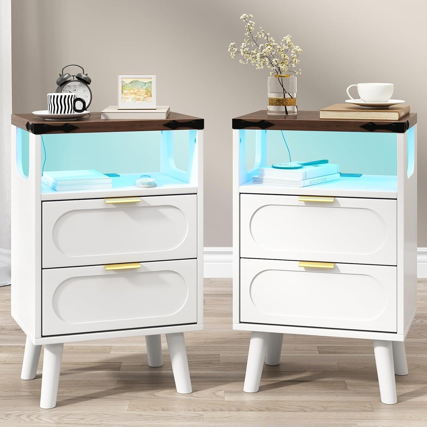 End Table with Charging Station, Smart LED Night Stand with 2 Wooden Drawers and Storage Shelf, Bedside Table with USB Ports & Outlets, for Living Room/Bedroom, White