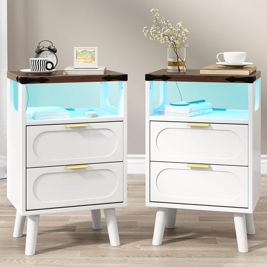 Smart LED Nightstand with Charging Station | 2 Wooden Drawers & Storage Shelf | USB Ports & Outlets, White (Set of 2)