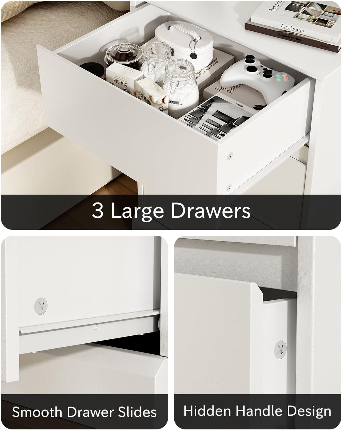 Nightstand Set of 2 White Nightstand with 3 Drawers, White Bedside Table Night Stand for Bedroom with Charging Station & Cut-Out Handle, Sofa Side Table for Bedroom