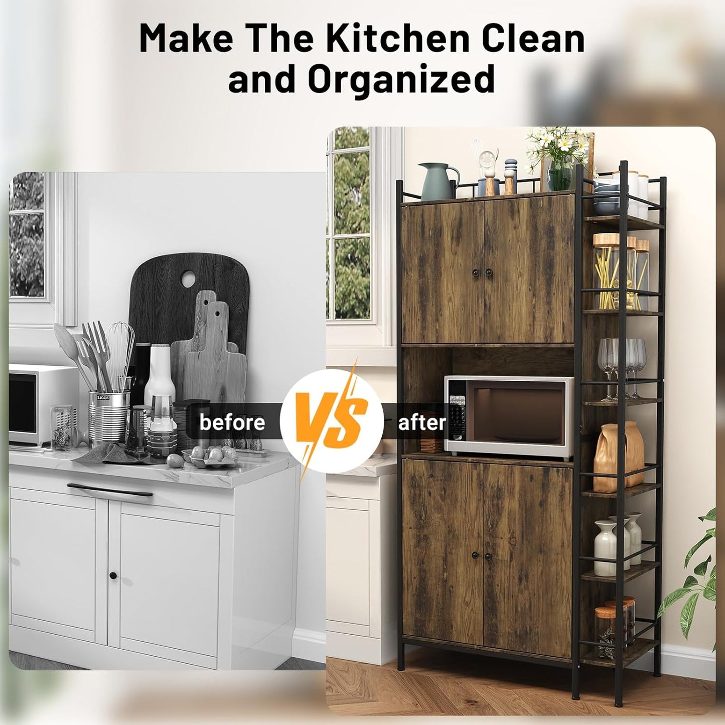 NEGYLIM 71" Kitchen Pantry Storage Cabinet, Freestanding Larder Cupboard, Kitchen Hutch Cabinet with Microwave Stand,Utility Pantry with Doors and Shelves for Dining Room, Living Room, Brown