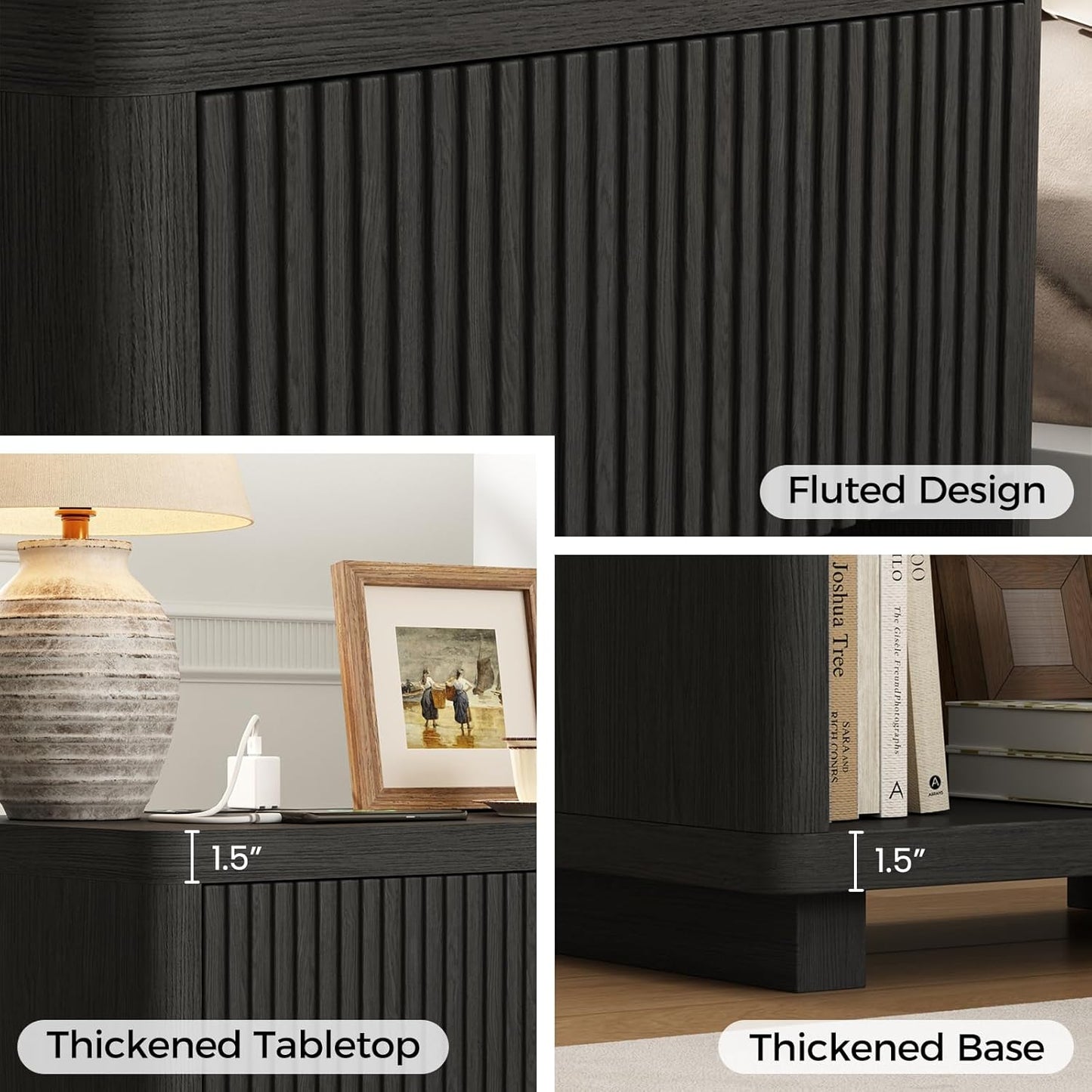 Night Stand Set 2, Nightstand with Charging Station, Modern End Table with Drawers, Bed Side Tables Set of 2 for Bedroom Living Room Sofa Couch Office(Black)