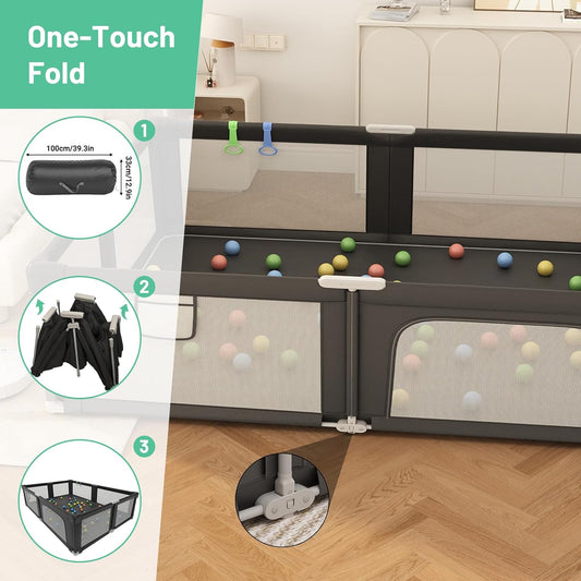 73" ×61" Large Baby Playpen, Baby Playard for Babies and Toddlers, Baby Fence Play Pens for Indoor & Outdoor, Sturdy Safety Play Yard with Soft Breathable Mesh and Carry Bag, Anti-Fall, Black