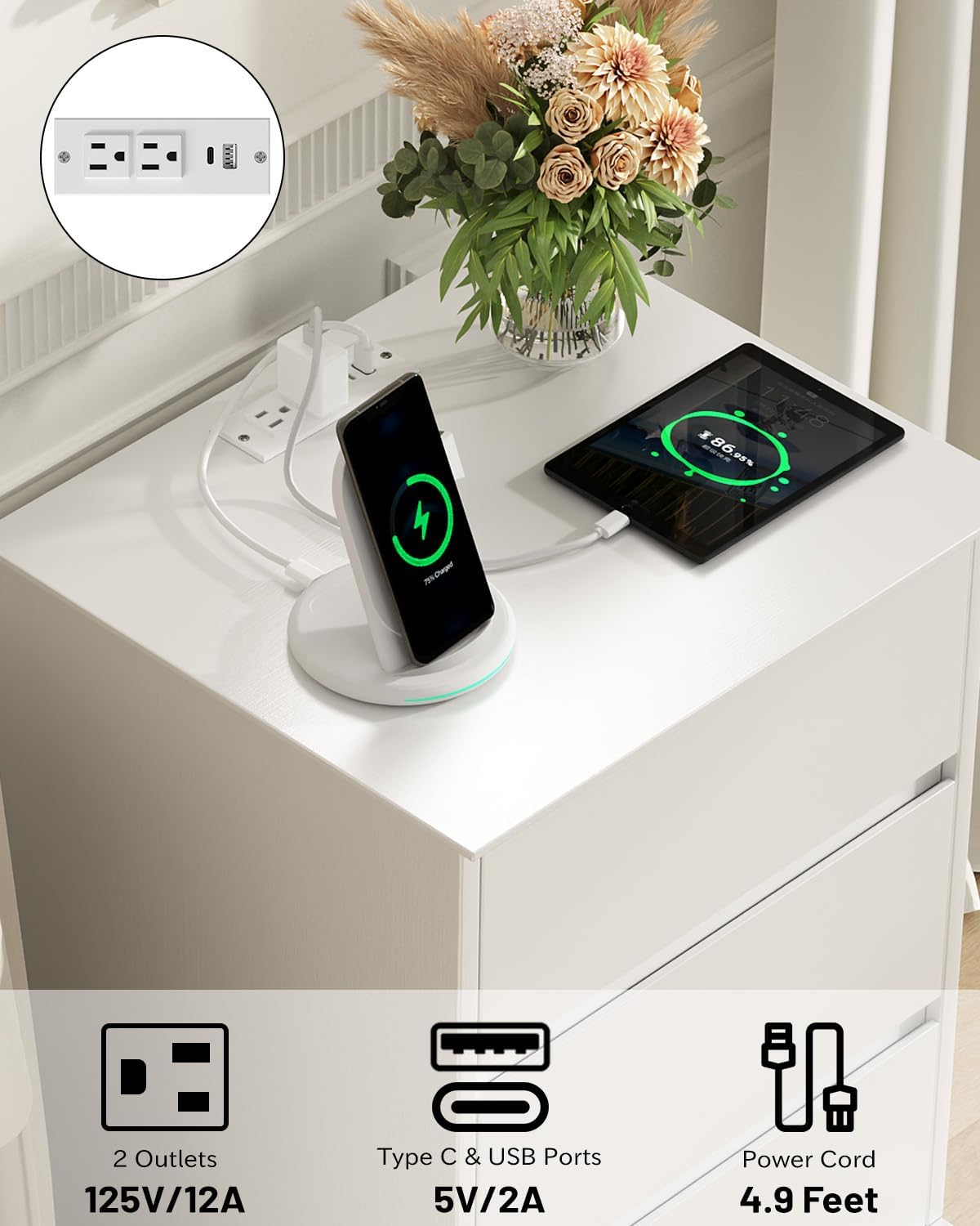 Nightstand Set of 2 White Nightstand with 3 Drawers, White Bedside Table Night Stand for Bedroom with Charging Station & Cut-Out Handle, Sofa Side Table for Bedroom