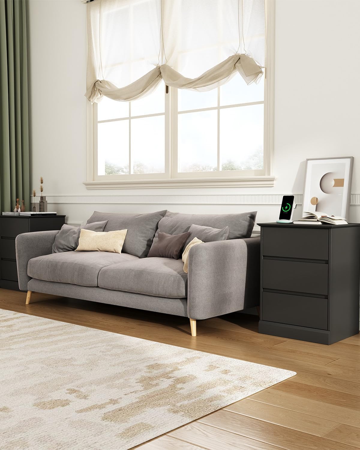 Nightstand Set of 2 Black Nightstand with 3 Drawers, Black Bedside Table Night Stand for Bedroom with Charging Station & Cut-Out Handle, Sofa Side Table for Bedroom