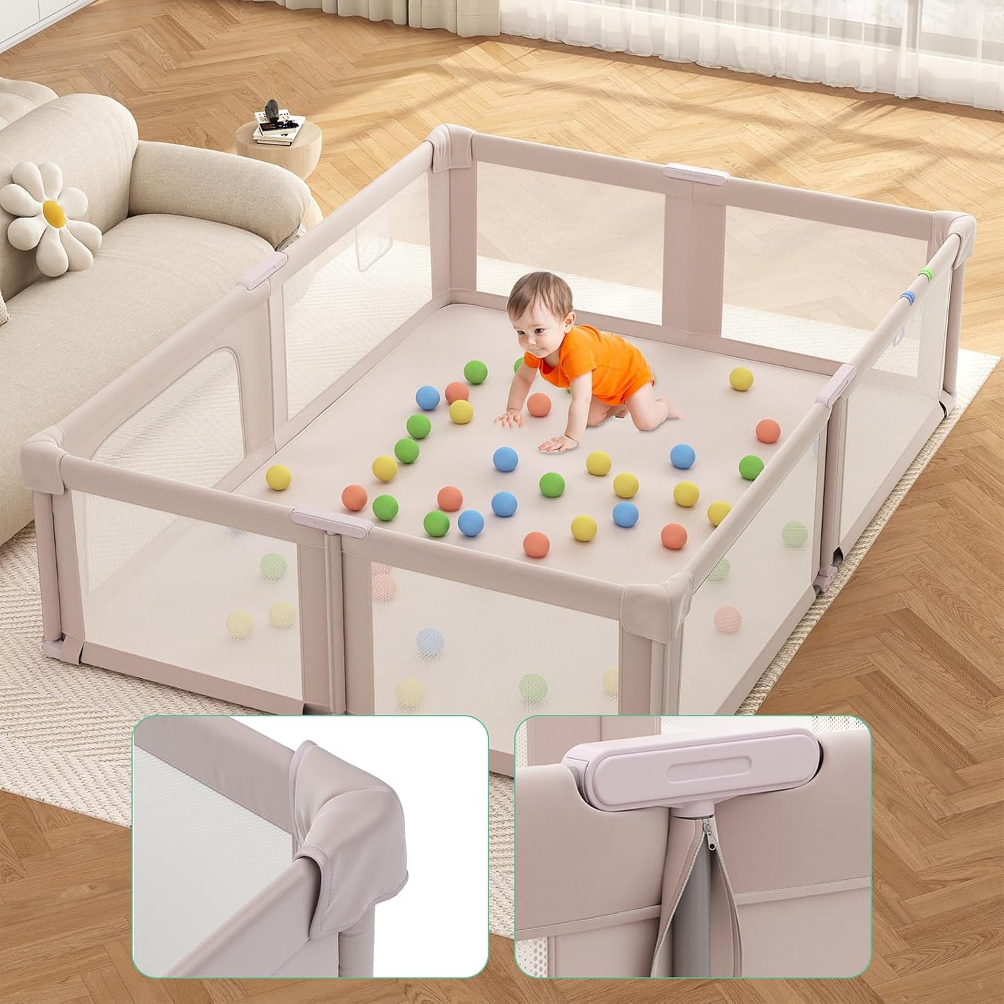 73" ×61" Large Baby Playpen, Baby Playard for Babies and Toddlers, Baby Fence Play Pens for Indoor & Outdoor, Sturdy Safety Play Yard with Soft Breathable Mesh and Carry Bag, Anti-Fall, Pink