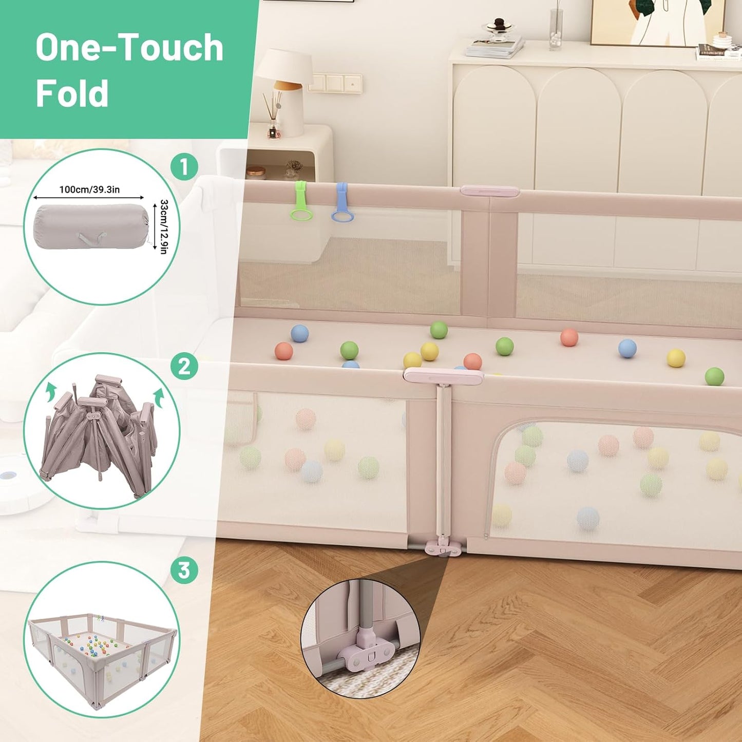 73" ×61" Large Baby Playpen, Baby Playard for Babies and Toddlers, Baby Fence Play Pens for Indoor & Outdoor, Sturdy Safety Play Yard with Soft Breathable Mesh and Carry Bag, Anti-Fall, Pink