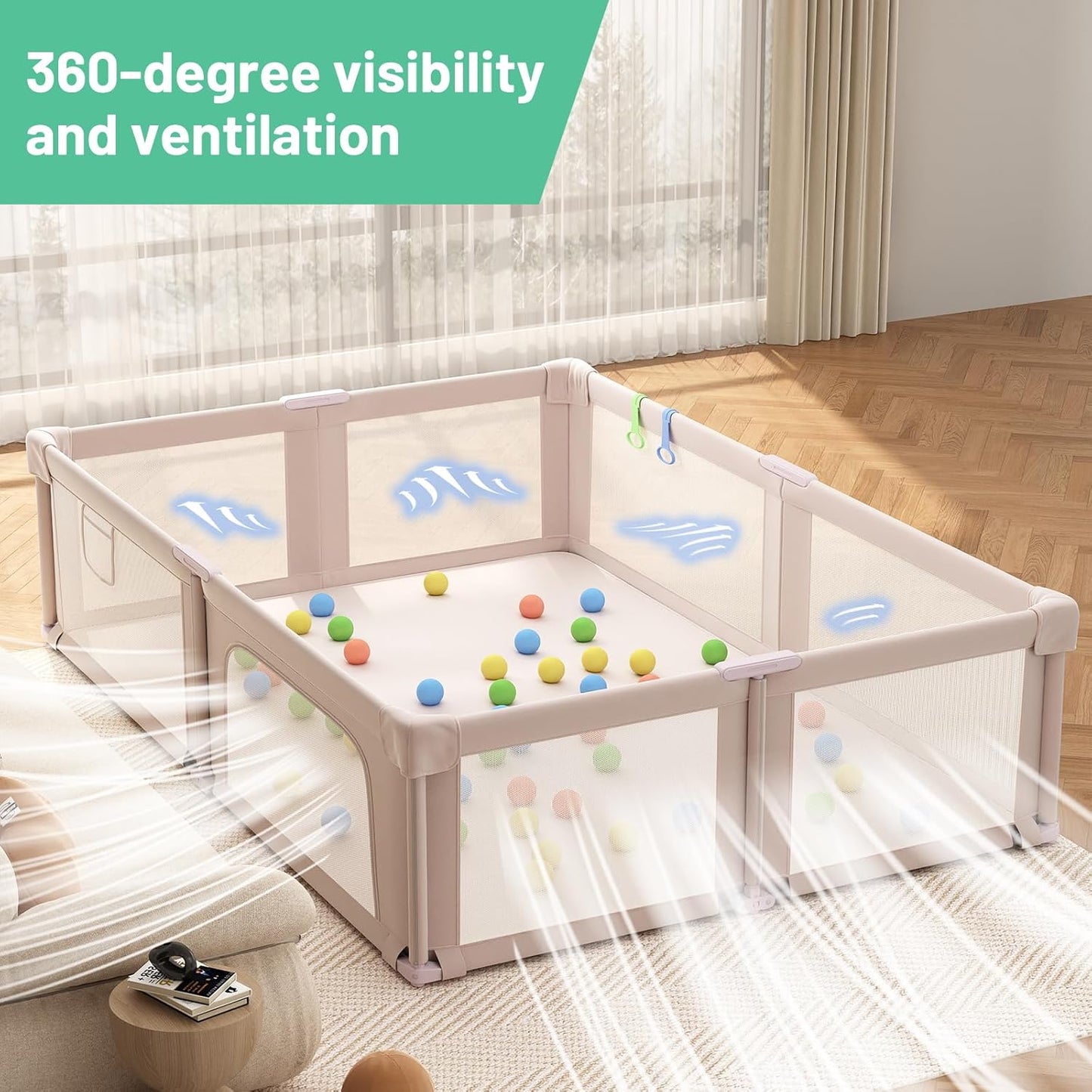 73" ×61" Large Baby Playpen, Baby Playard for Babies and Toddlers, Baby Fence Play Pens for Indoor & Outdoor, Sturdy Safety Play Yard with Soft Breathable Mesh and Carry Bag, Anti-Fall, Pink