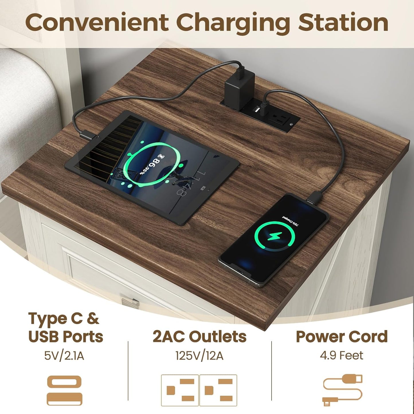 2-PieceNightstand, Farmhouse End Table with Charging Station, 3 Drawers Storage for Bedroom
