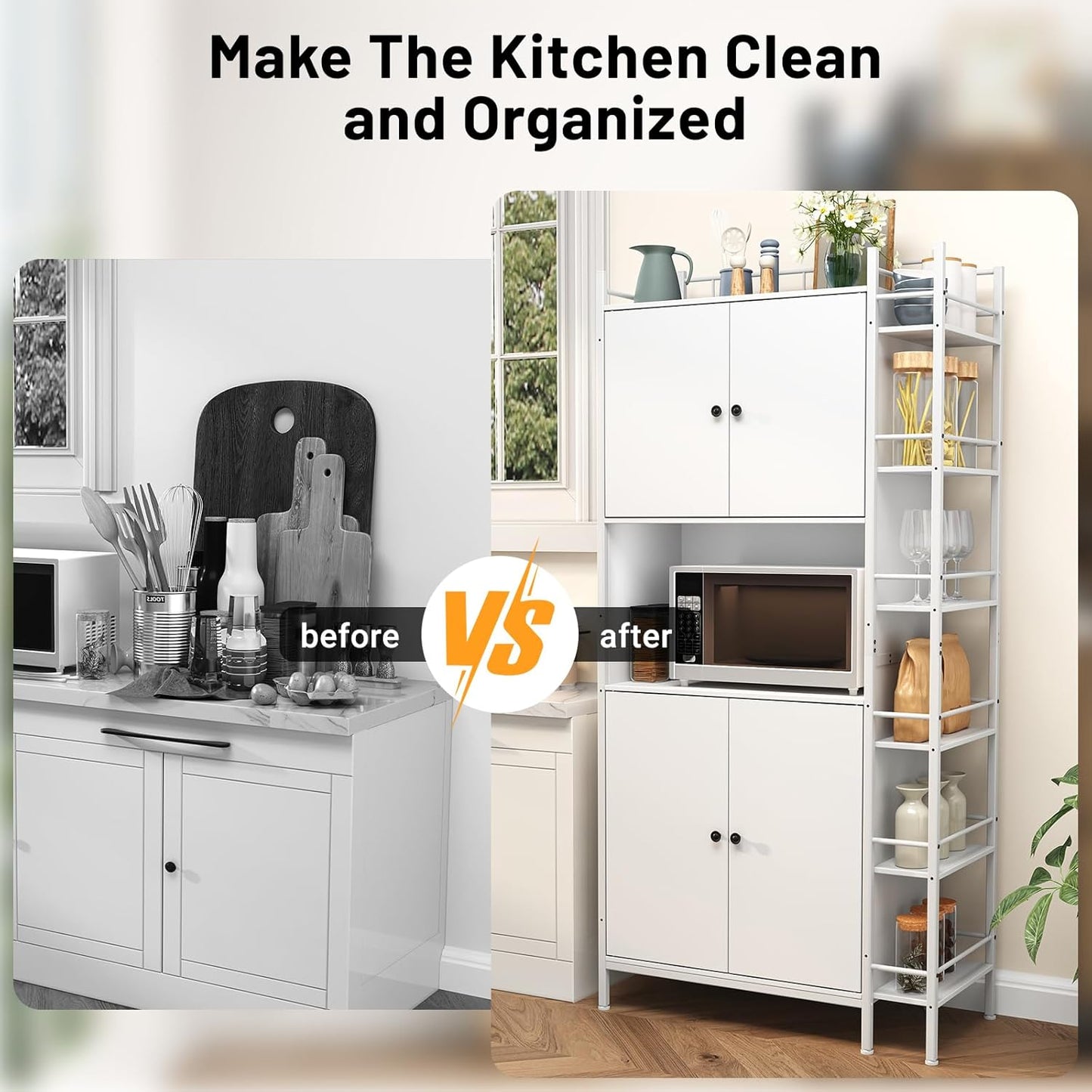 NEGYLIM 71" Kitchen Pantry Storage Cabinet, Freestanding Larder Cupboard, Kitchen Hutch Cabinet with Microwave Stand,Utility Pantry with Doors and Shelves for Dining Room, Living Room, White