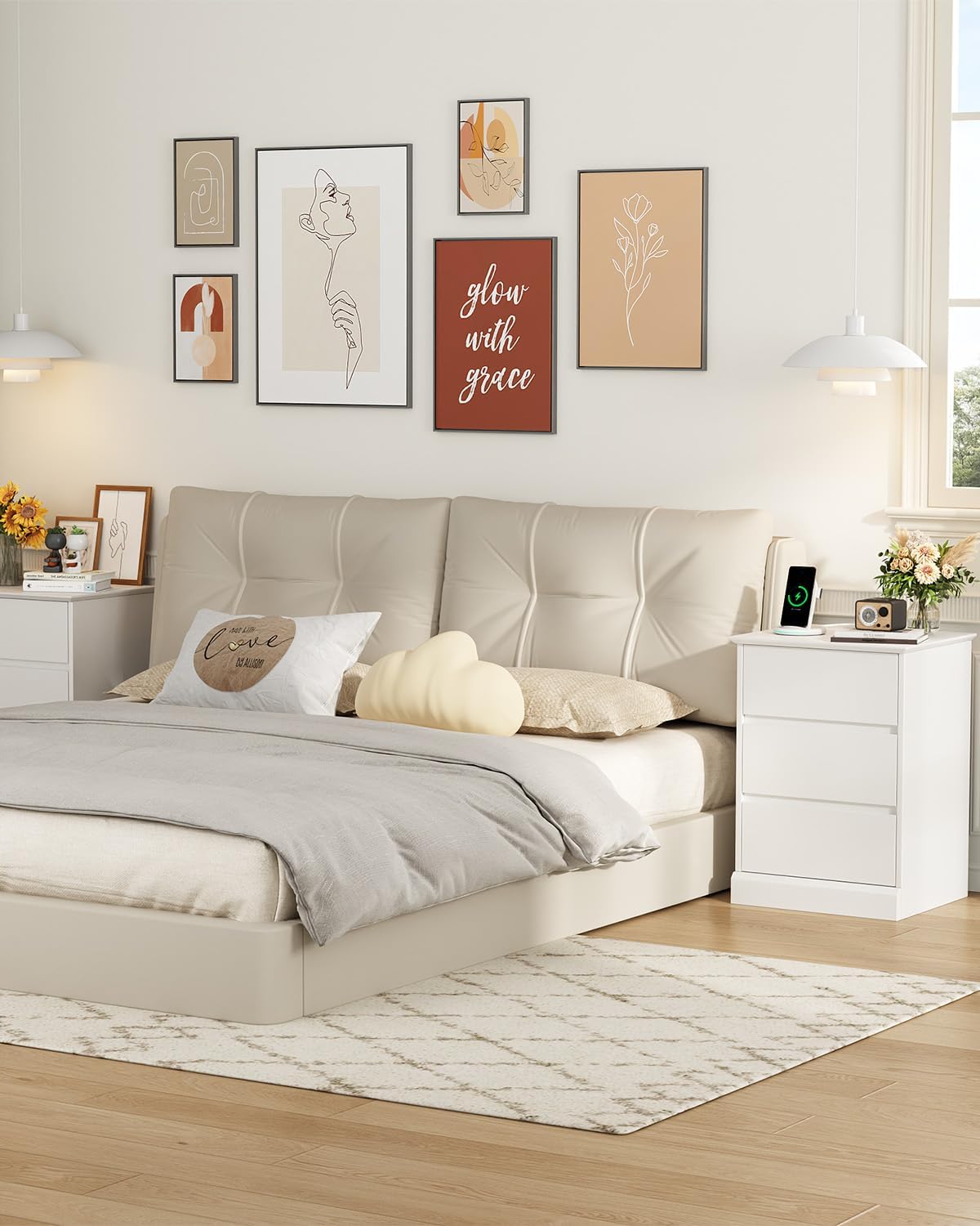 Nightstand Set of 2 White Nightstand with 3 Drawers, White Bedside Table Night Stand for Bedroom with Charging Station & Cut-Out Handle, Sofa Side Table for Bedroom