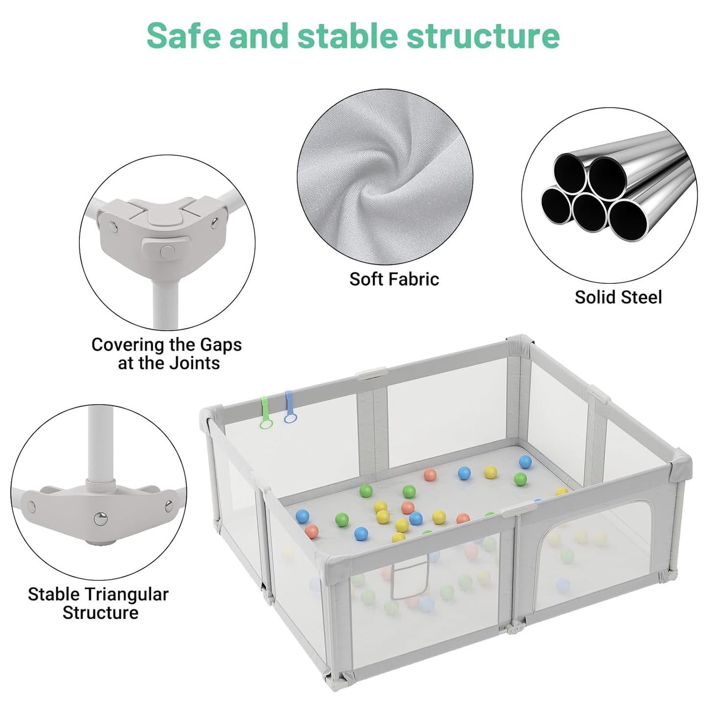 73" ×61" Large Baby Playpen, Baby Playard for Babies and Toddlers, Baby Fence Play Pens for Indoor & Outdoor, Sturdy Safety Play Yard with Soft Breathable Mesh and Carry Bag, Anti-Fall, Light Gray