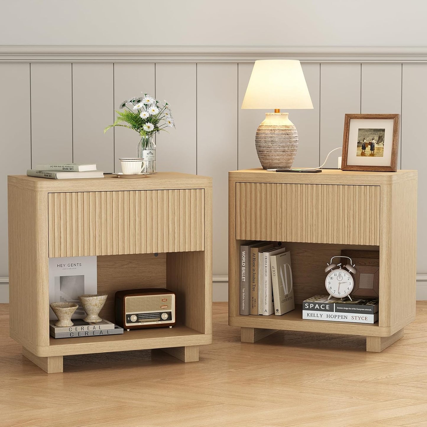 Night Stand Set 2, Nightstand with Charging Station, Modern End Table with Drawers, Bed Side Tables Set of 2 for Bedroom Living Room Sofa Couch Office(Wood Color)