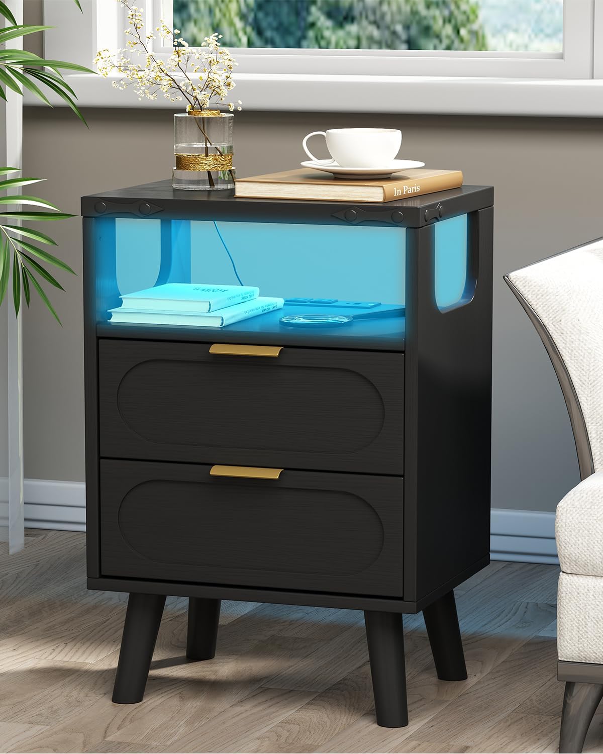 Smart LED Nightstand Set of 2 with Charging Station - Black Bedside Tables with Wooden Drawer and Open Shelf, for Living Room/Bedroom