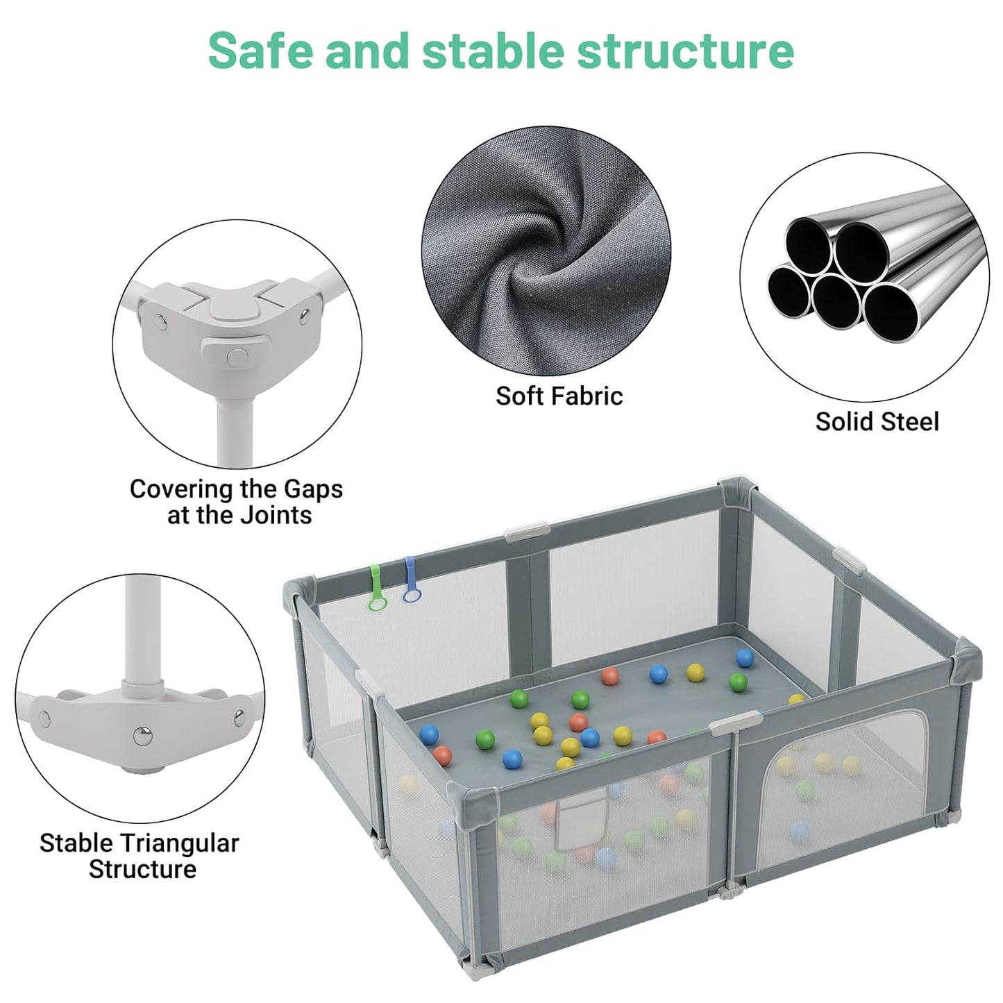 73" ×61" Large Baby Playpen, Baby Playard for Babies and Toddlers, Baby Fence Play Pens for Indoor & Outdoor, Sturdy Safety Play Yard with Soft Breathable Mesh and Carry Bag, Anti-Fall, Dark Gray