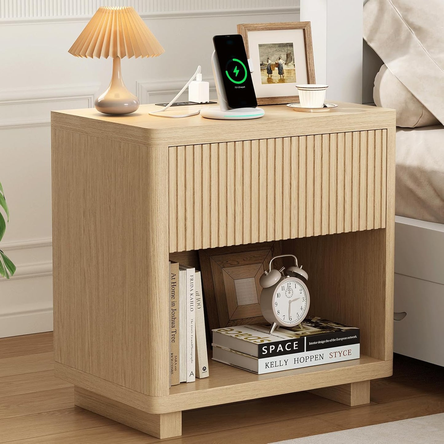 Fluted Nightstand with Charging Station, Modern Bedroom Furniture Side Table, Drawers & Open Shelf, Curved Profile Design, End Table Wood Organizer for Bedroom(Wood Color)