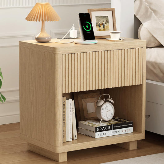 Fluted Nightstand with Charging Station, Modern Bedroom Furniture Side Table, Drawers & Open Shelf, Curved Profile Design, End Table Wood Organizer for Bedroom(Wood Color)