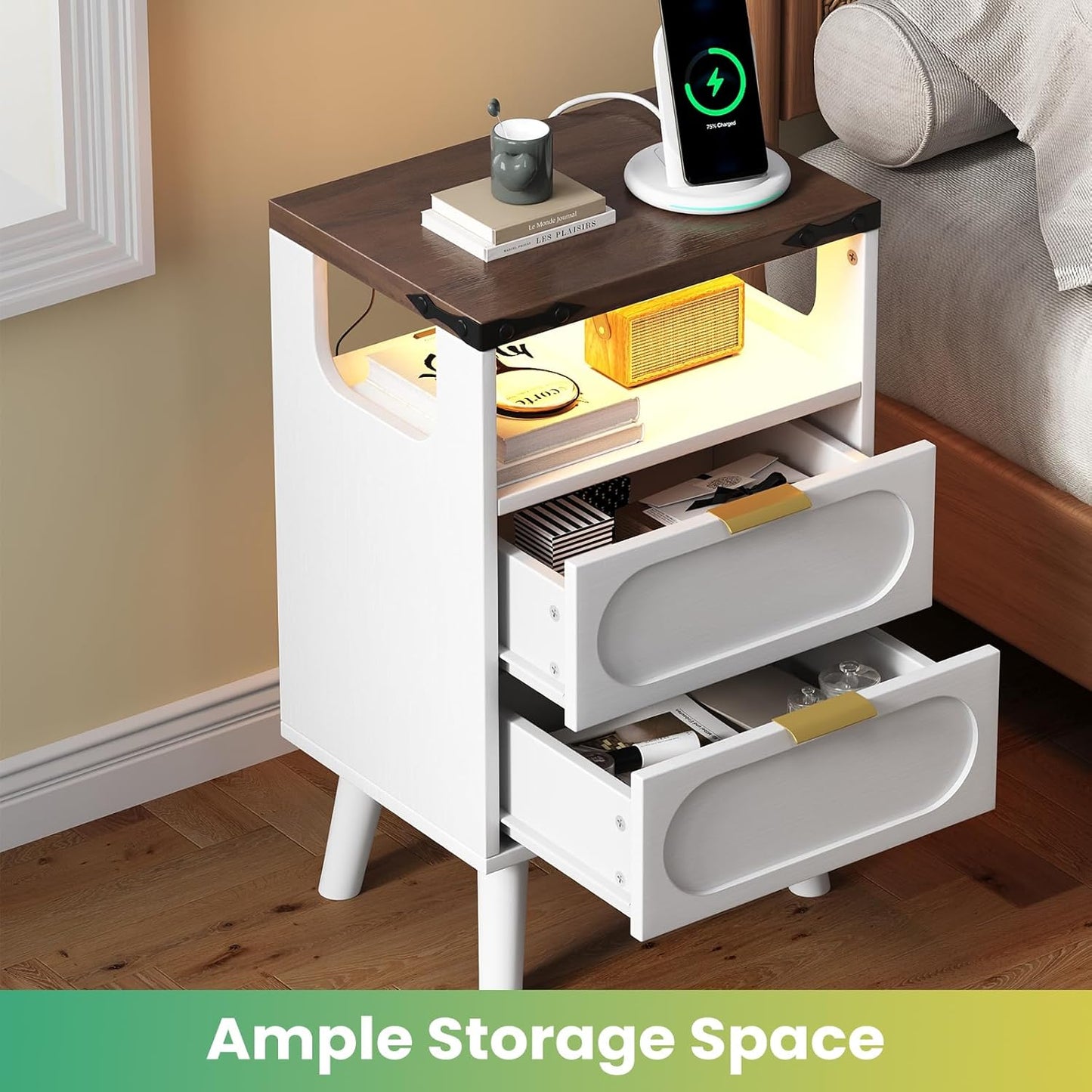 End Table with Charging Station, Smart LED Night Stand with 2 Wooden Drawers and Storage Shelf, Bedside Table with USB Ports & Outlets, for Living Room/Bedroom, White