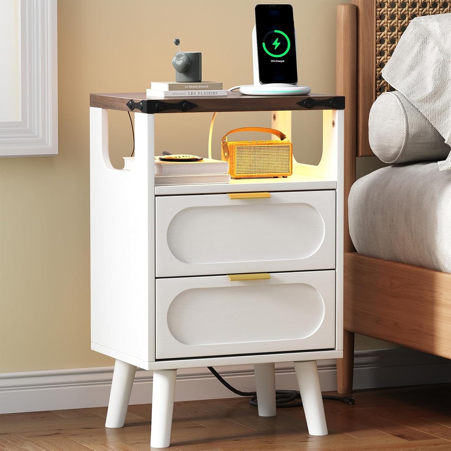 Smart LED Nightstand with Charging Station | 2 Wooden Drawers & Storage Shelf | USB Ports & Outlets, White (Set of 2)