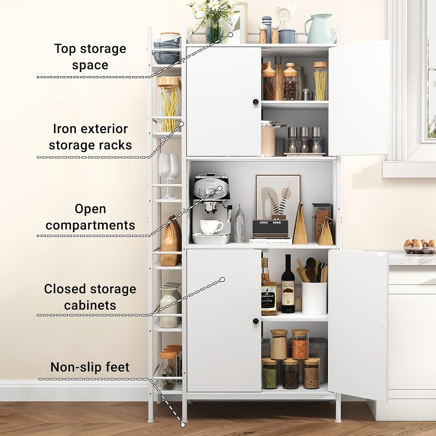 NEGYLIM 71" Kitchen Pantry Storage Cabinet, Freestanding Larder Cupboard, Kitchen Hutch Cabinet with Microwave Stand,Utility Pantry with Doors and Shelves for Dining Room, Living Room, White