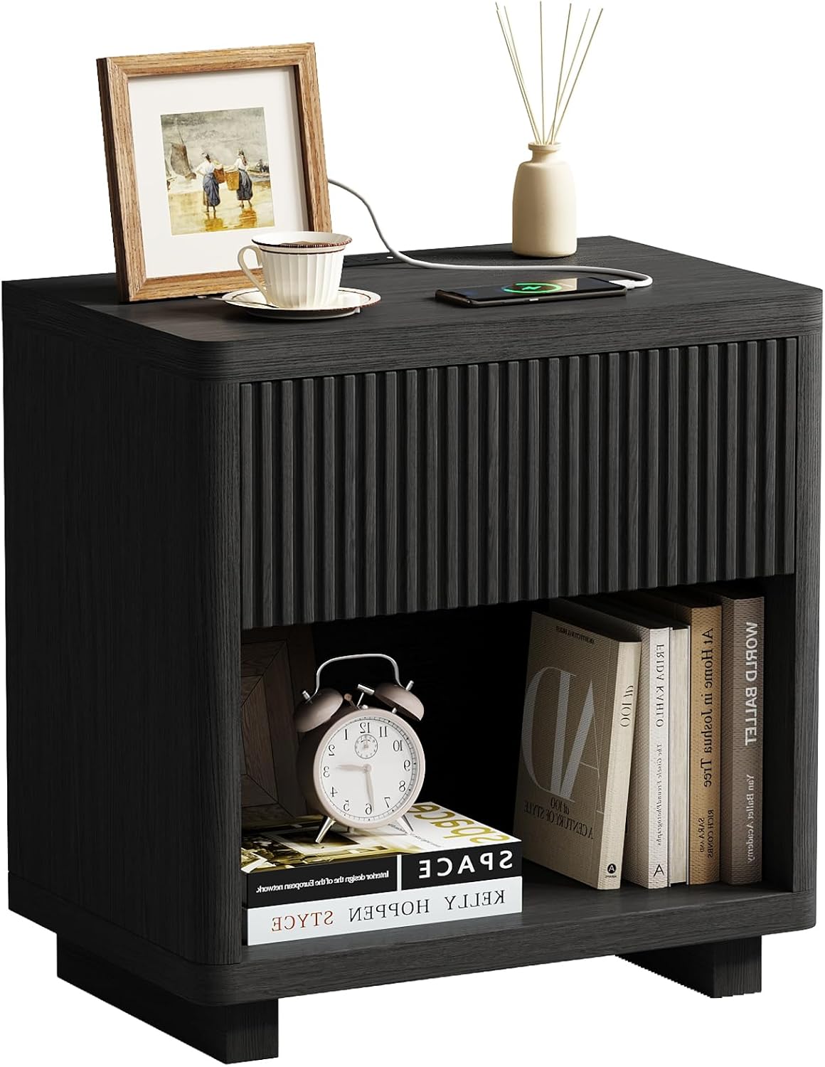 Night Stand Set 2, Nightstand with Charging Station, Modern End Table with Drawers, Bed Side Tables Set of 2 for Bedroom Living Room Sofa Couch Office(Black)