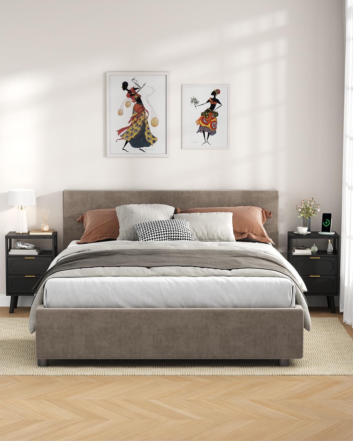 Smart LED Nightstand Set of 2 with Charging Station - Black Bedside Tables with Wooden Drawer and Open Shelf, for Living Room/Bedroom