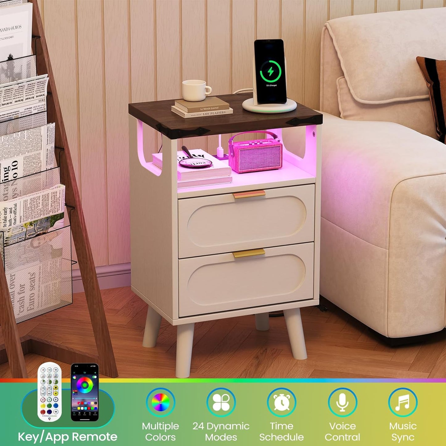 Smart LED Nightstand with Charging Station | 2 Wooden Drawers & Storage Shelf | USB Ports & Outlets, White (Set of 2)