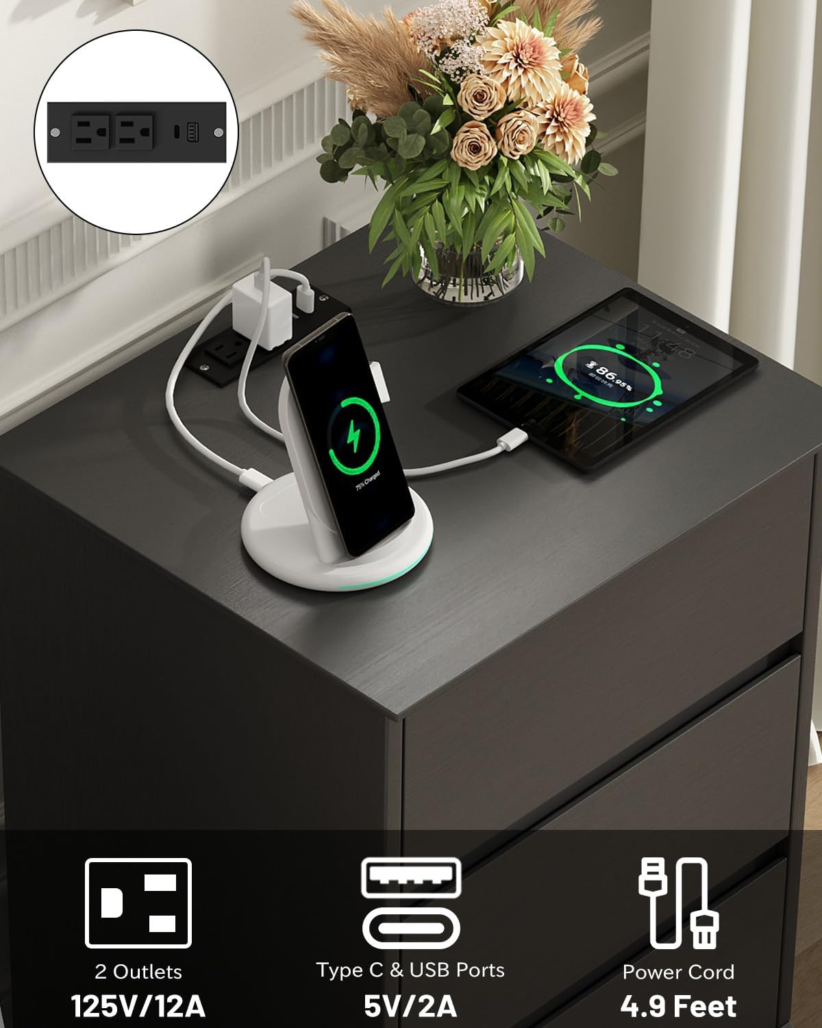 Nightstand with 3 Drawers, Black Bedside Table Night Stand for Bedroom with Charging Station & Cut-Out Handle, Sofa Side Table Dresser for Bedroom(Black)