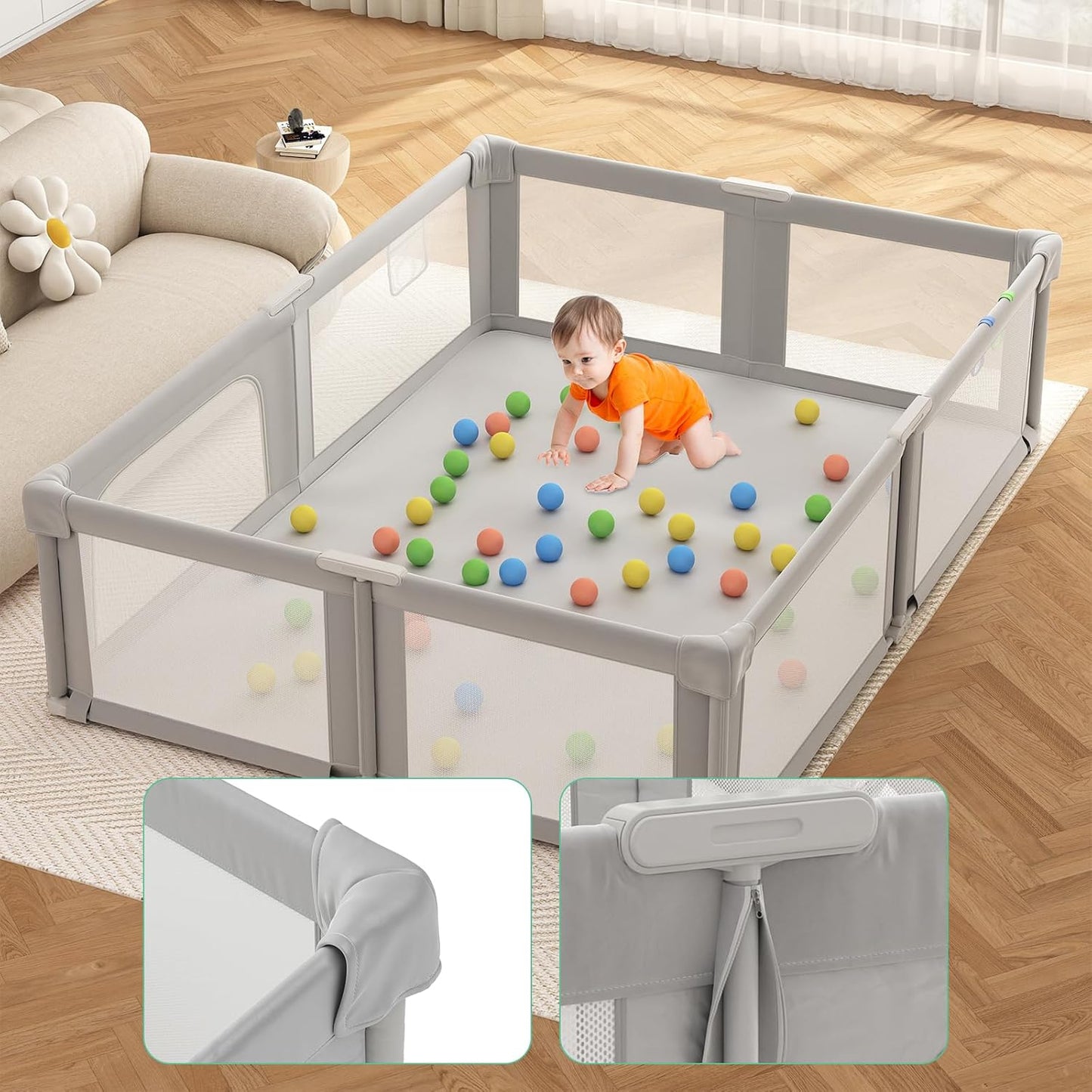 73" ×61" Large Baby Playpen, Baby Playard for Babies and Toddlers, Baby Fence Play Pens for Indoor & Outdoor, Sturdy Safety Play Yard with Soft Breathable Mesh and Carry Bag, Anti-Fall, Light Gray