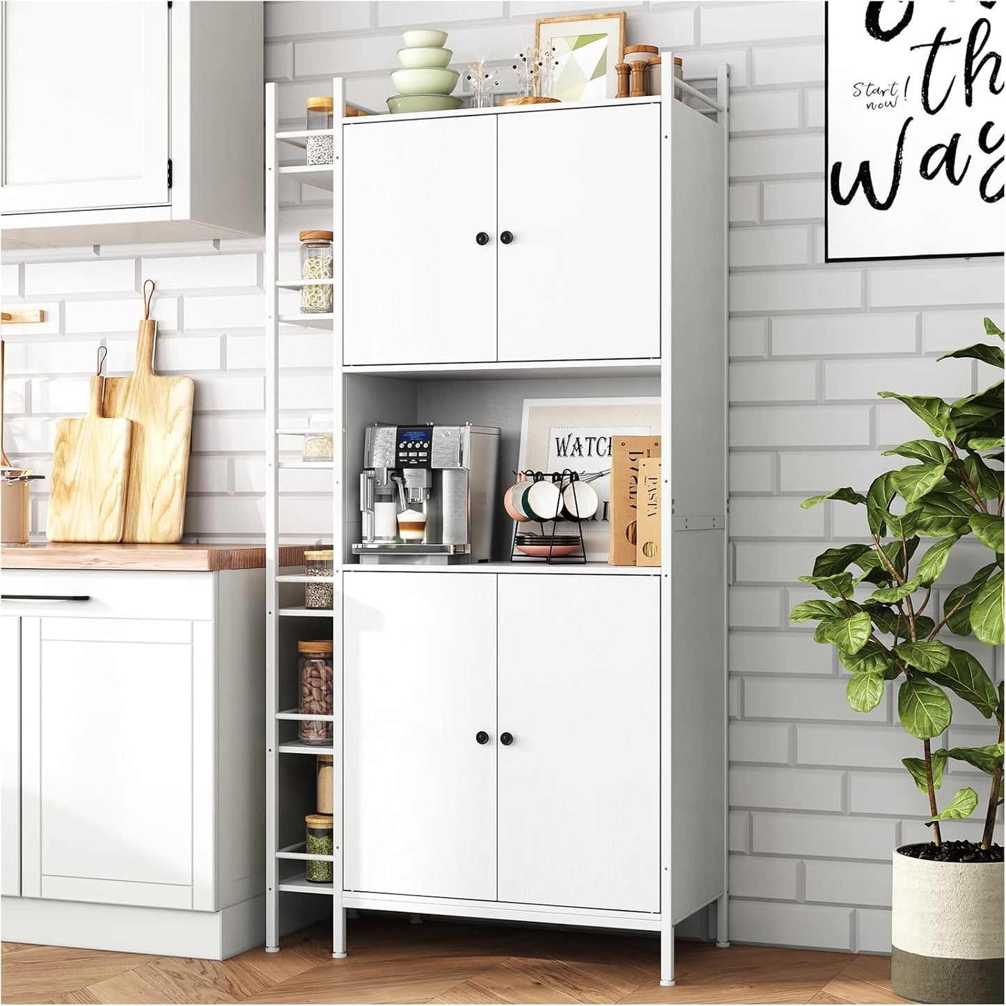 NEGYLIM 71" Kitchen Pantry Storage Cabinet, Freestanding Larder Cupboard, Kitchen Hutch Cabinet with Microwave Stand,Utility Pantry with Doors and Shelves for Dining Room, Living Room, White