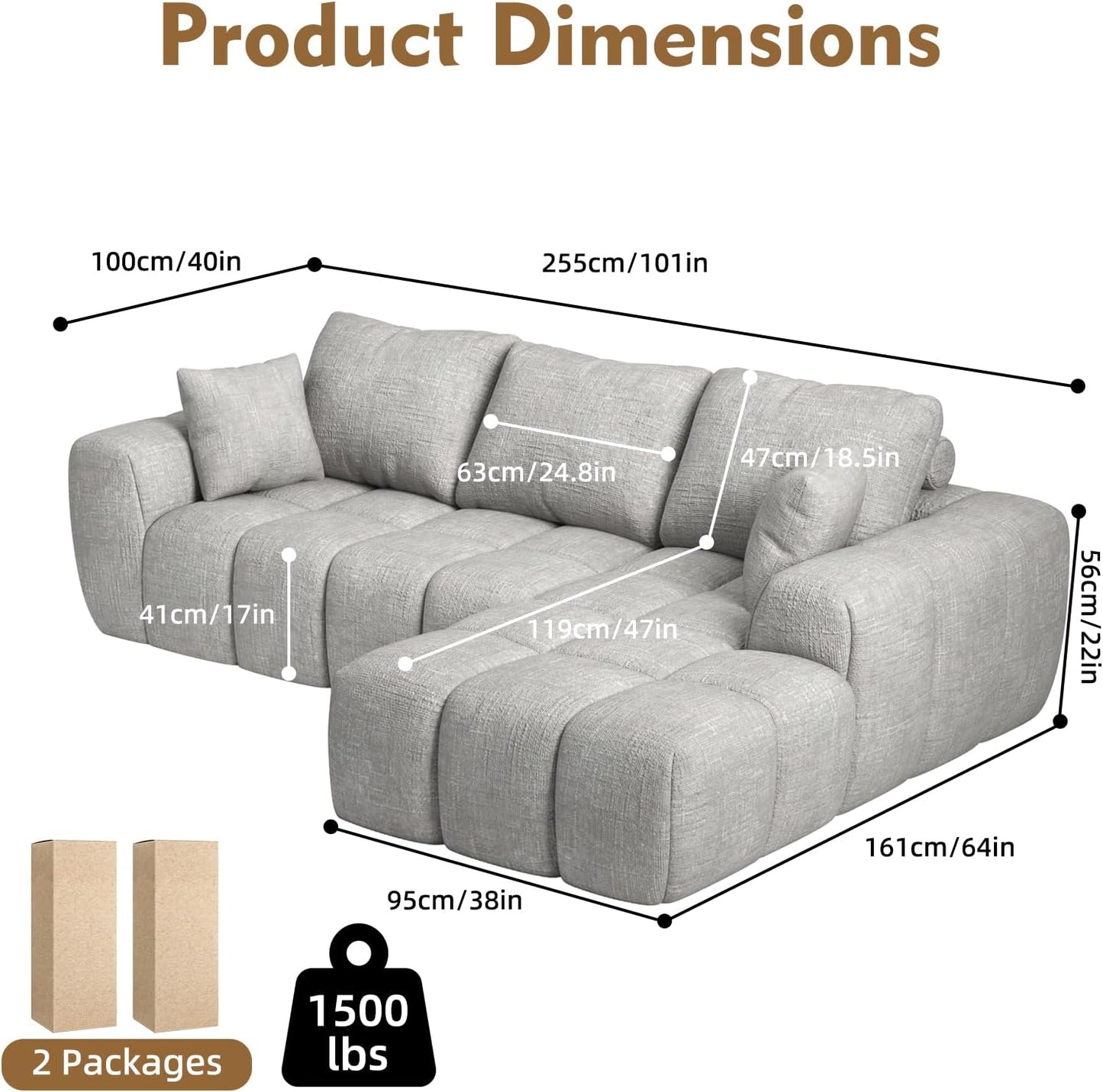 101" Cloud Sectional Couch with L-Shaped Chaise, Modular Sectional Sofa with Deep Seat, Comfy Corduroy Boneless Couches for Living Room, No Assembly Required, Pearl Gray
